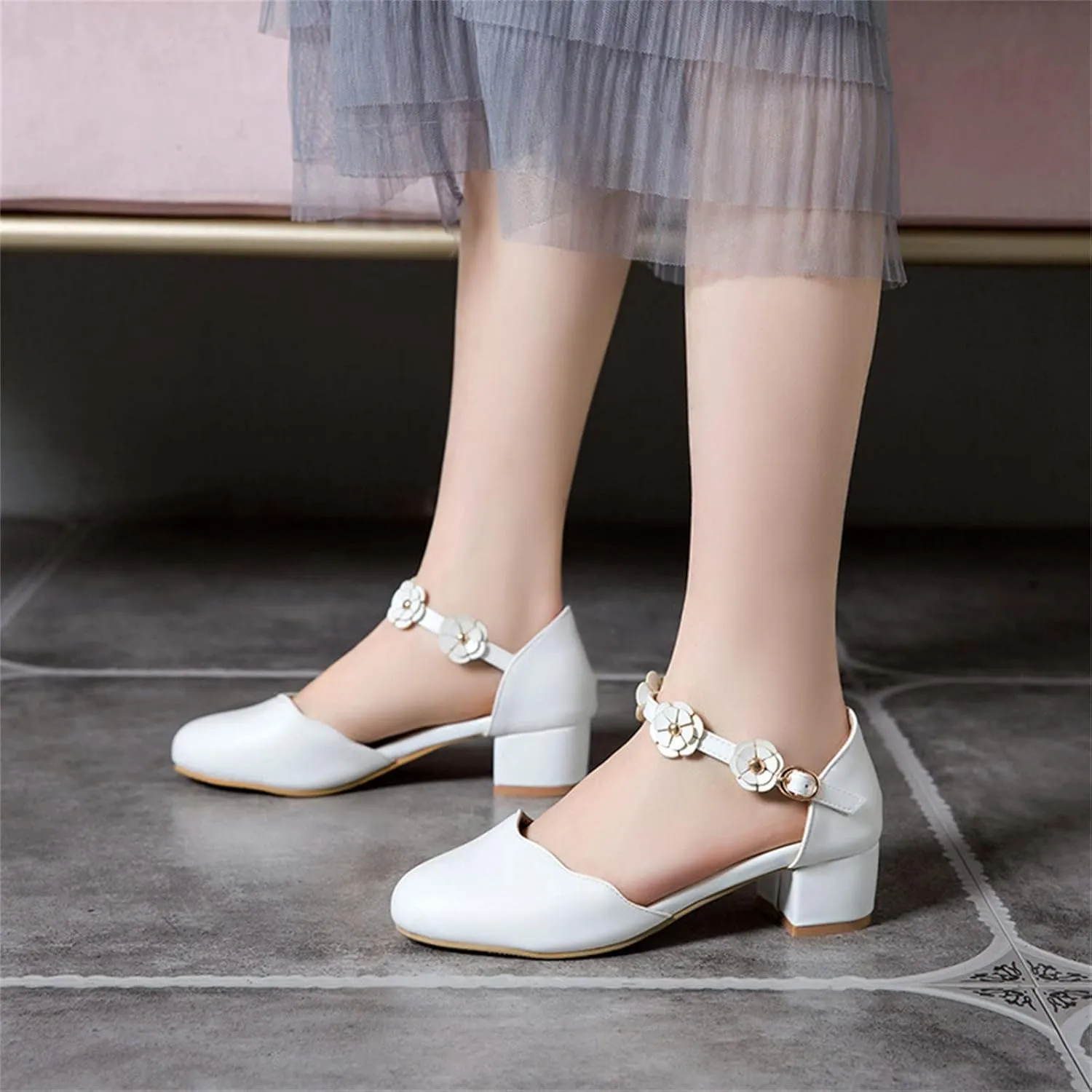 Big Kids Mary Jane Dress Shoes Girls Pumps Heels Flower High School Prom Shoes Ballet Girls Closed Toe Strap Sandals