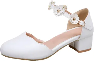 Big Kids Mary Jane Dress Shoes Girls Pumps Heels Flower High School Prom Shoes Ballet Girls Closed Toe Strap Sandals