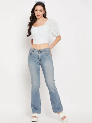 Camla Barcelona White Square Neckline Puffed Sleeves Crop Top