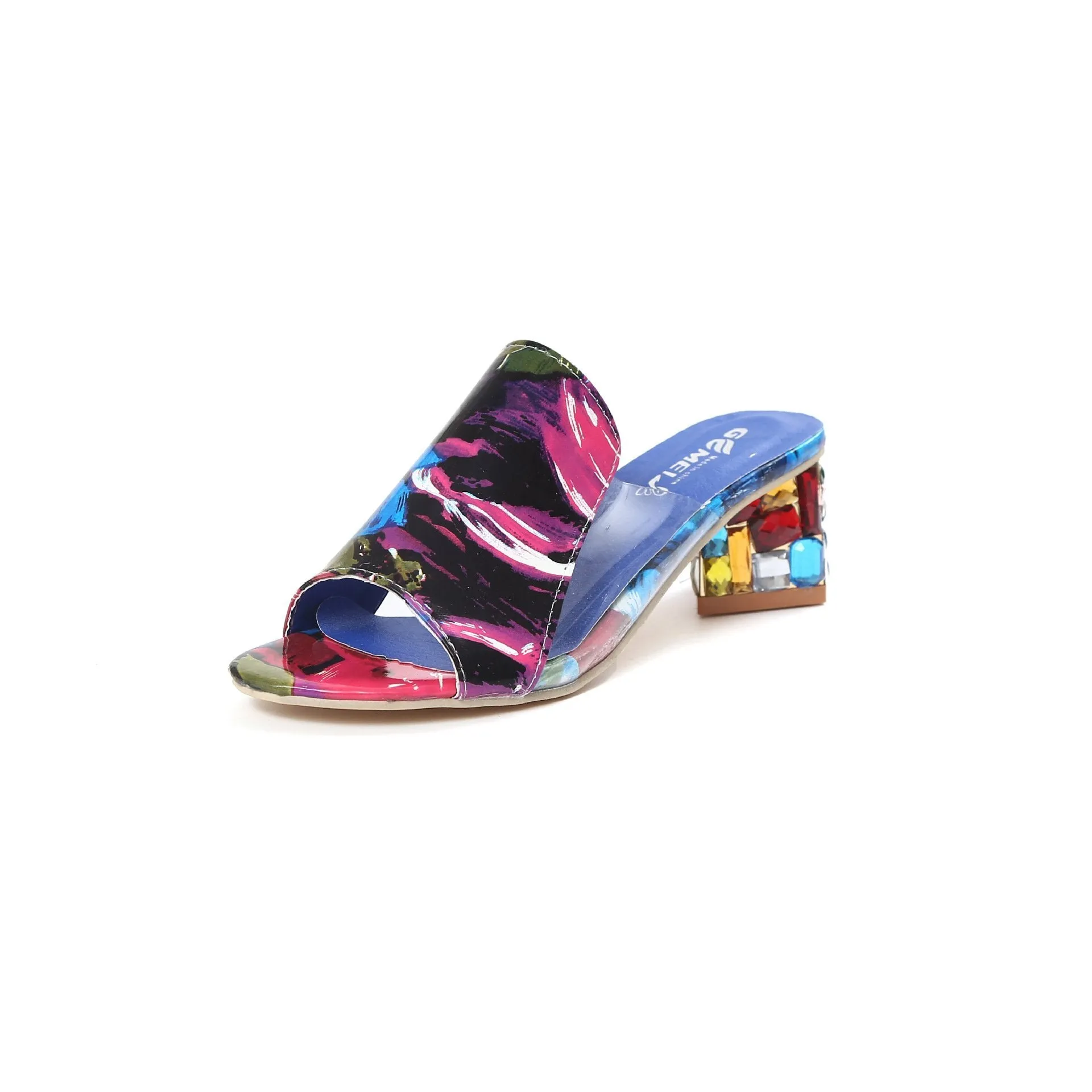 Chicvane Colorful Peep Toe Mules Multicolor Rhinestone Chunky Heel Slides Shoes