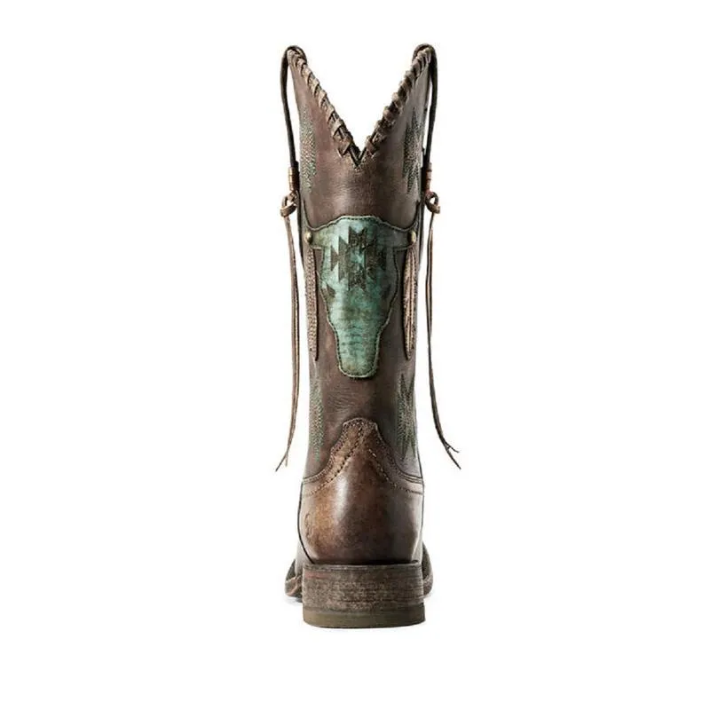 Chicvane Women's Printing Embroidery Low Chunky Heel Knee High Boots Retro Riding Boot