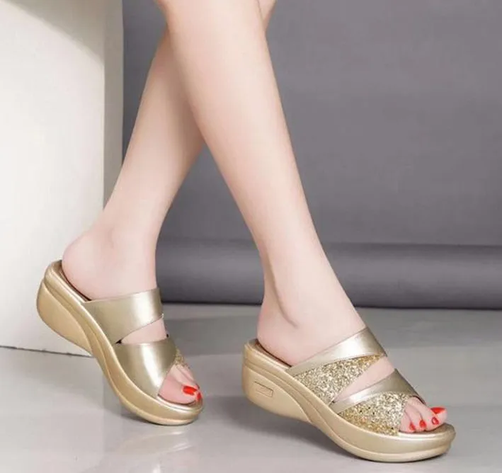 Comfortable Platform Cutout Rhinestone Leather Slippers