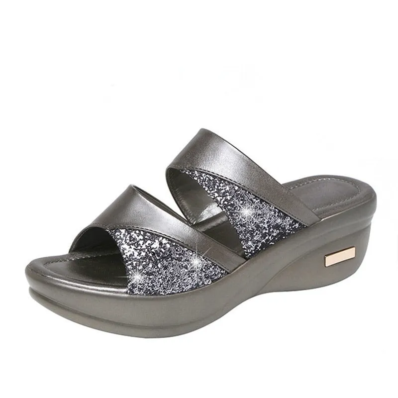 Comfortable Platform Cutout Rhinestone Leather Slippers