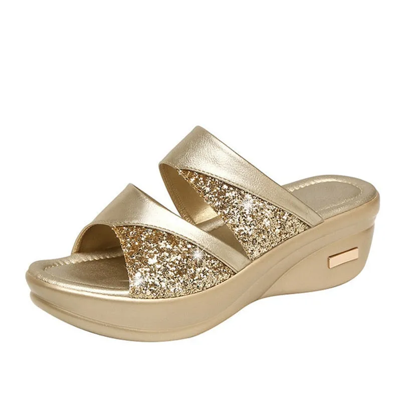 Comfortable Platform Cutout Rhinestone Leather Slippers