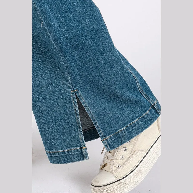 Medium Wash Seam Detail Wide Leg Denim Jeans