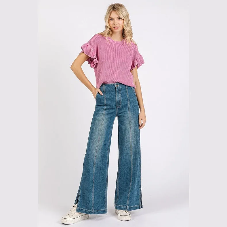Medium Wash Seam Detail Wide Leg Denim Jeans