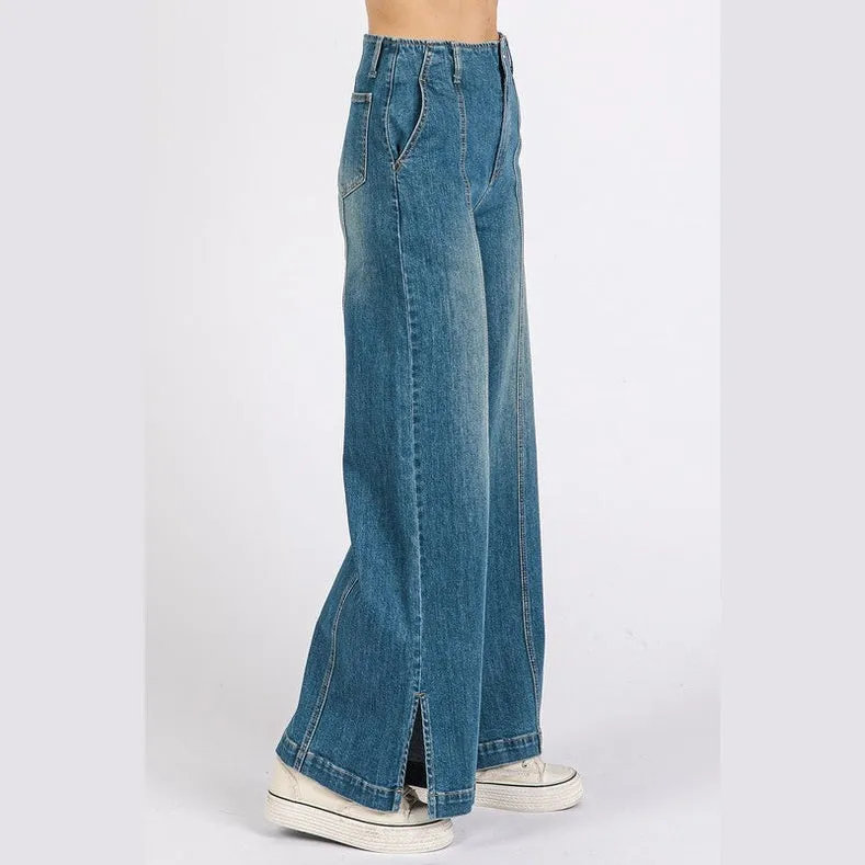 Medium Wash Seam Detail Wide Leg Denim Jeans