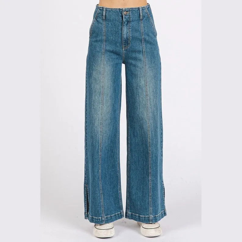 Medium Wash Seam Detail Wide Leg Denim Jeans