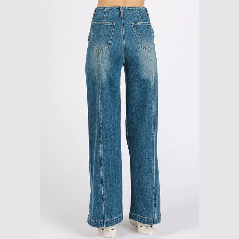 Medium Wash Seam Detail Wide Leg Denim Jeans