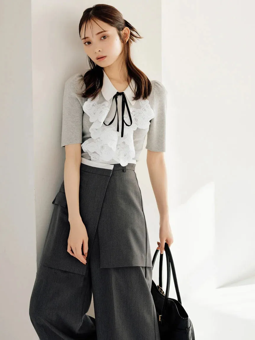 Puff Sleeve Knit Blouse with Lace Detail