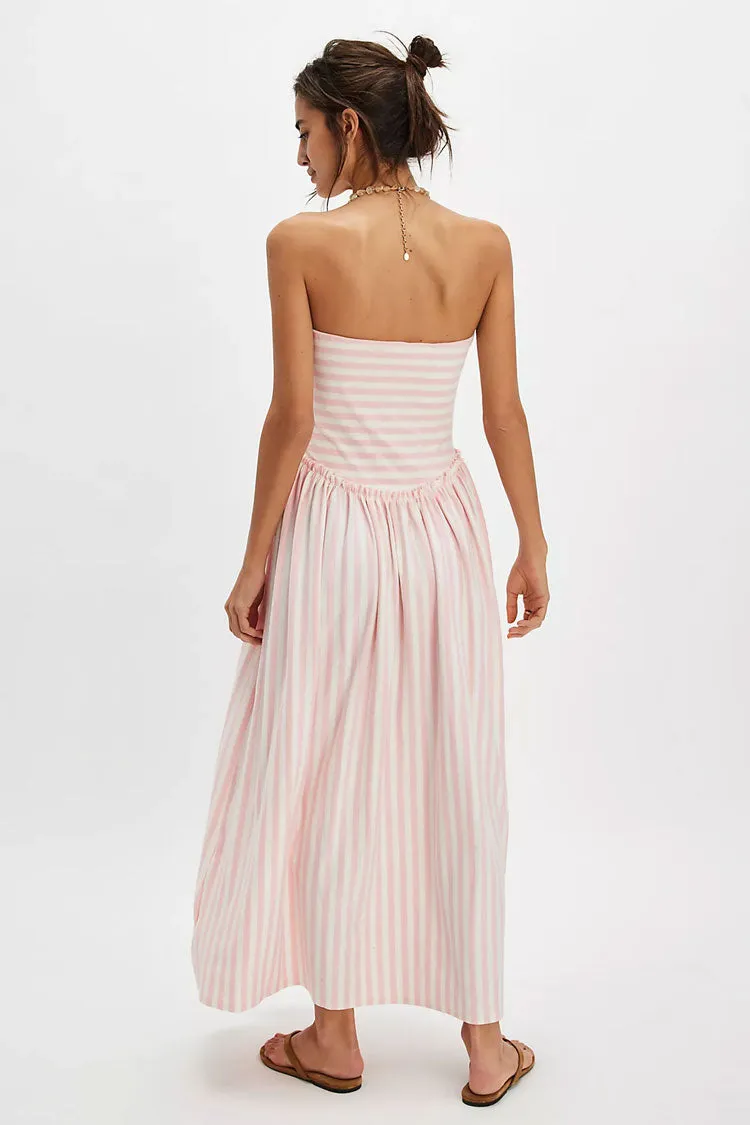Retro Striped Strapless Ruched Drop Waist Beach Vacation Midi Sundress