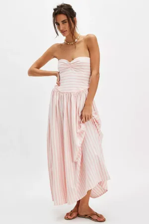 Retro Striped Strapless Ruched Drop Waist Beach Vacation Midi Sundress