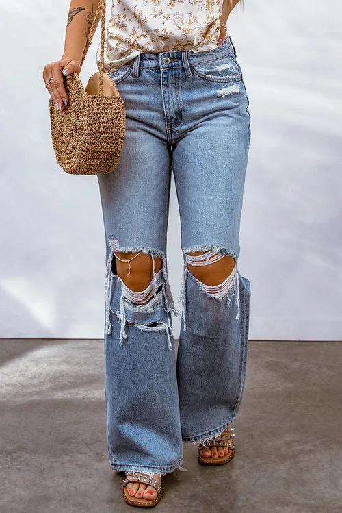 Sky Blue Destroyed Open Knee Wide Leg Jeans | CozyCouture®