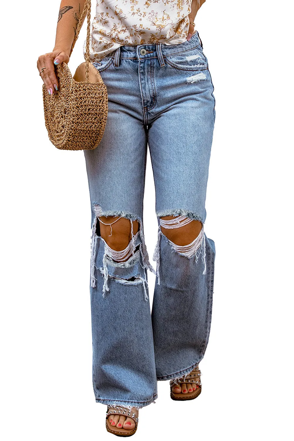 Sky Blue Destroyed Open Knee Wide Leg Jeans | CozyCouture®