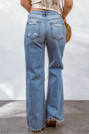 Sky Blue Destroyed Open Knee Wide Leg Jeans | CozyCouture®