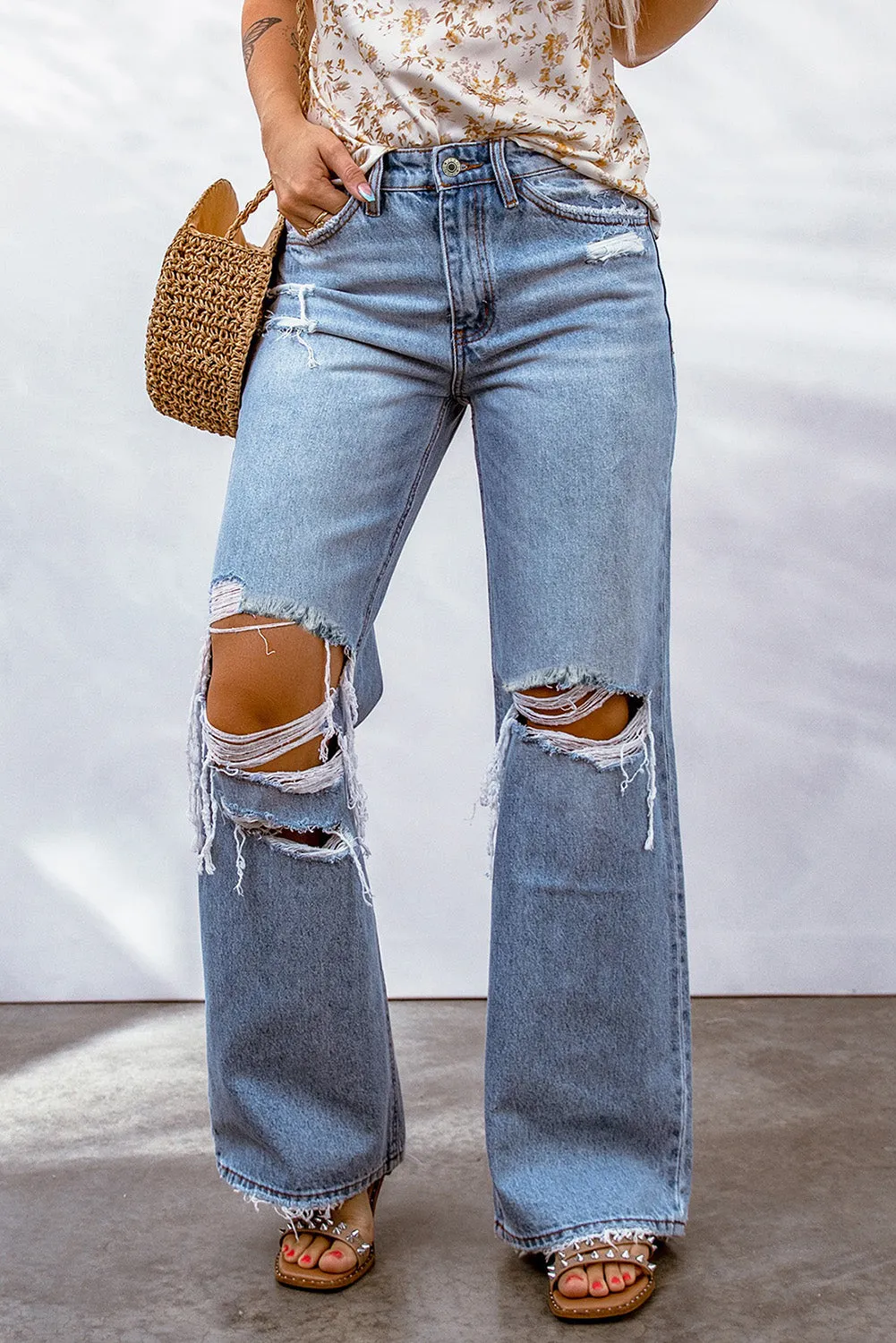 Sky Blue Destroyed Open Knee Wide Leg Jeans | CozyCouture®