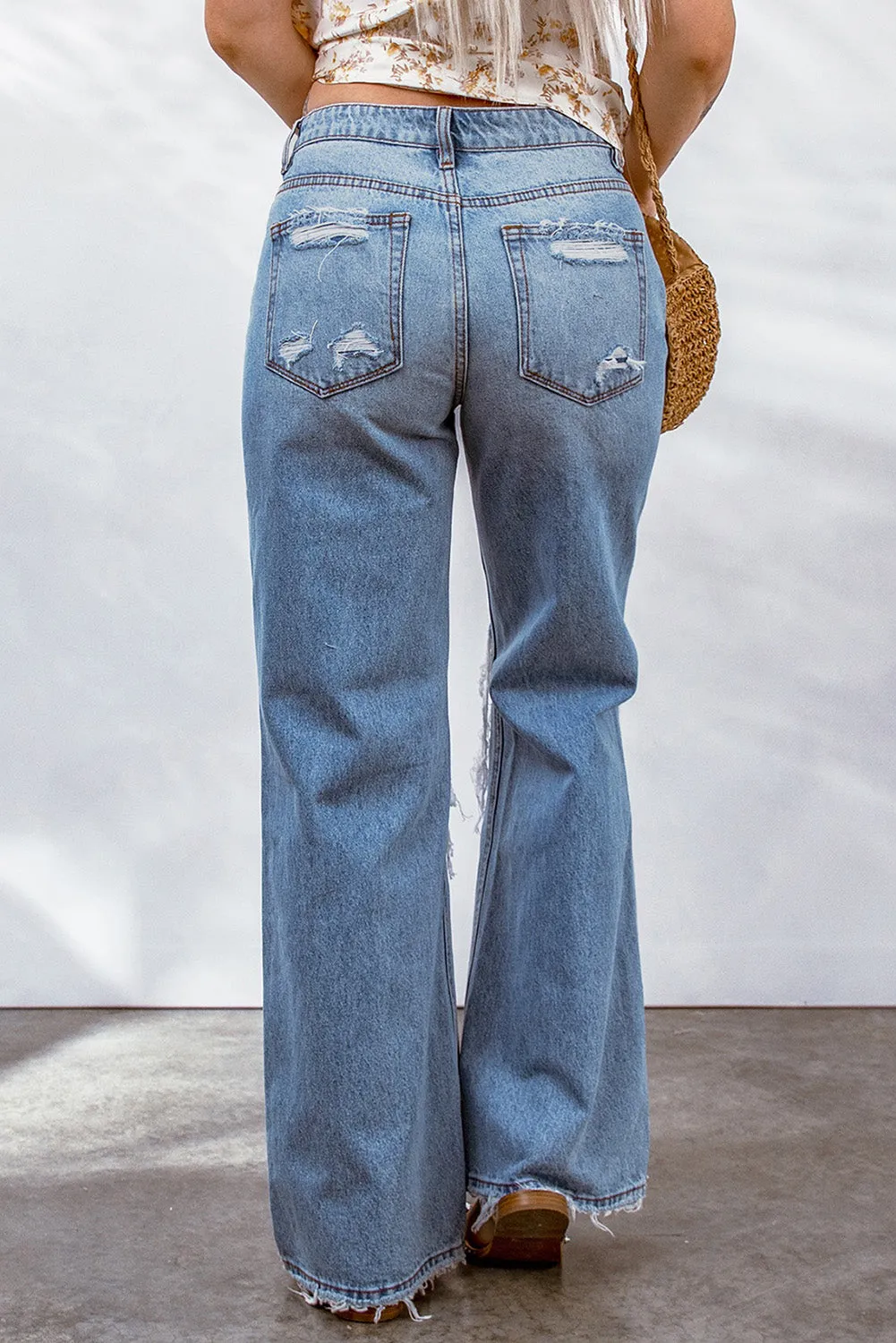 Sky Blue Destroyed Open Knee Wide Leg Jeans | CozyCouture®