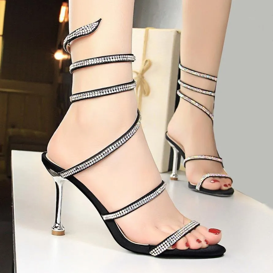 Snake Shaped Rhinestones Open Toe Stiletto Heel Womens Party Shoes