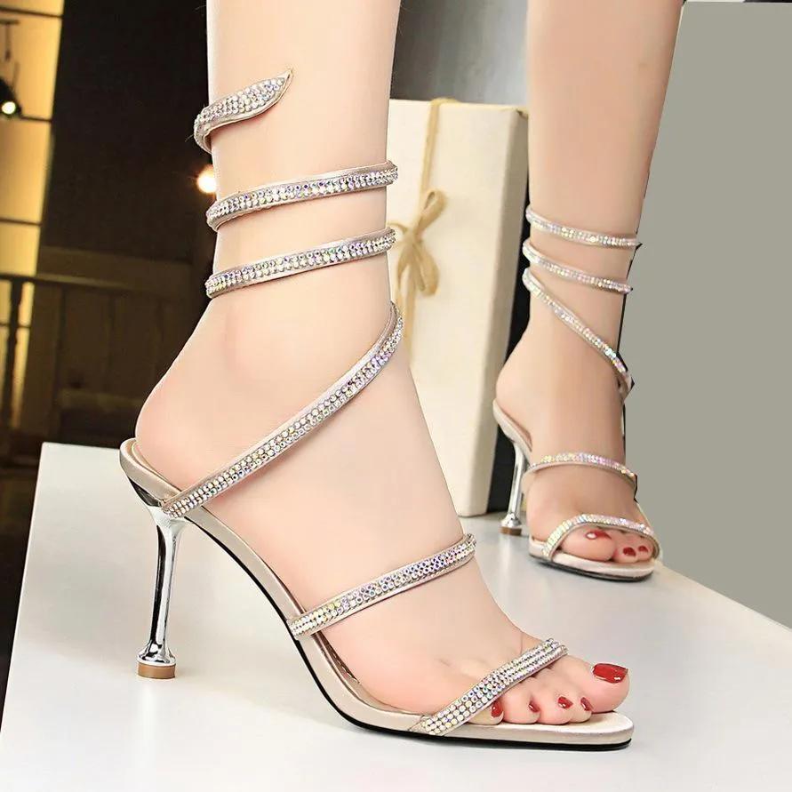 Snake Shaped Rhinestones Open Toe Stiletto Heel Womens Party Shoes