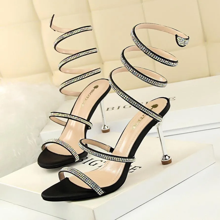 Snake Shaped Rhinestones Open Toe Stiletto Heel Womens Party Shoes