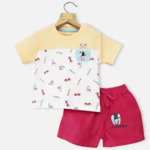 Yellow Half Sleeves T-Shirt With Red Corduroy Shorts